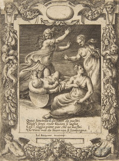 Spedbarnet Hercules dreper slangene, satt innenfor en forseggjort ramme, fra 