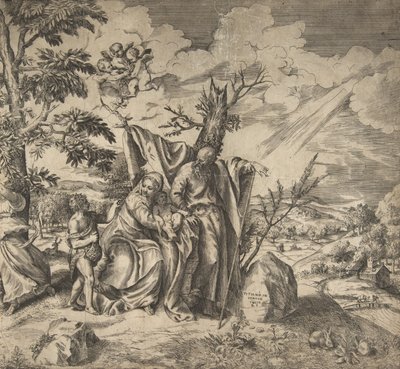 Resten av den hellige familie på deres flytur til Egypt, 1531-76. av Giulio Bonasone