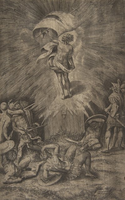 Kristi oppstandelse, med et banner i sin høyre hånd, soldater rundt t..., 1561. av Giulio Bonasone