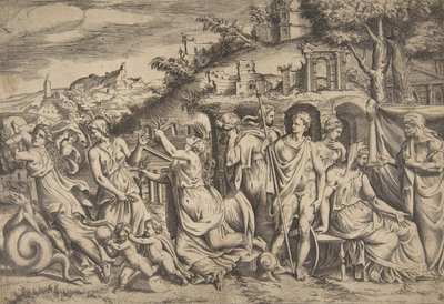 Historien om Jason og Medea til venstre bærer hun av sønnen, i midten er hun ..., 1531-76. av Giulio Bonasone