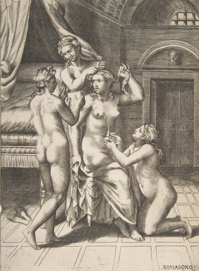 Toalettet til Psyche som sitter i sentrum som blir tatt hånd om, 1531-76. av Giulio Bonasone