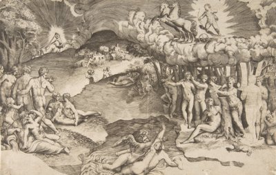 Kjærlighetens triumf, amor som kjører på en vogn trukket av enhjørning, er øverst til høyre, naken ..., 1545. av Giulio Bonasone