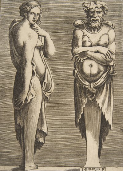 Two Terms, en nymfe til venstre Silvanus til høyre, ca. 1530-50. av Giulio Bonasone