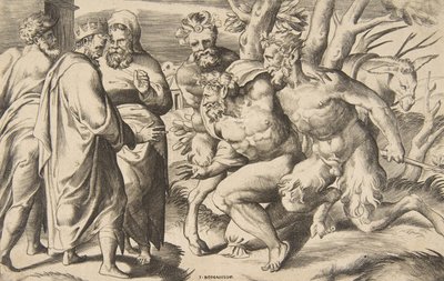 To satyrer som bringer Silenus-kongen Midas stående til venstre, 1531-76. av Giulio Bonasone