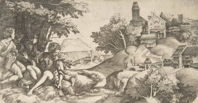 Til venstre fire gjetere med musikkinstrumenter under en gruppe trær..., ca. 1517 av Giulio Campagnola