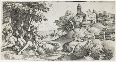 Hyrder i et landskap, ca. 1517-1518 av Giulio Campagnola