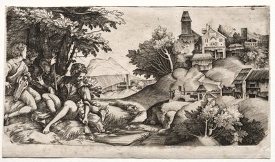 Hyrder i et landskap, ca. 1517. av Giulio Campagnola