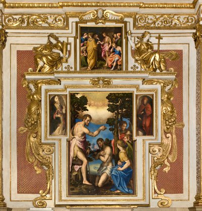 Vår Frue av folkets kapell, første spenn sørsiden, Giulio Campi, Kristi dåp 1569, På sidene Sant'Imerio og Sant'Omobono 1520-30, Giulio Campi, Baptistens forkynnelse 1569 av Giulio Campi