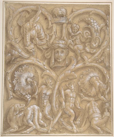 Design for et dekorativt panel med Rinceaux, Satyrs, Putti, monstre og et menneskehode, 1535-45. av Giulio Campi.