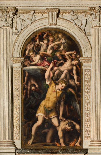 North Transept, alteret til St. Mikael erkeengelen, erkeengelen Mikael dreper den onde, Giulio Campi 1566 av Giulio Campi