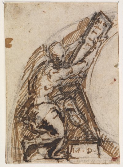 Sittende mann med skrivebrett(?). Arkitektur detalj av Giulio Campi