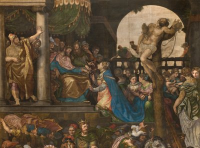 Vegg overfor motfasaden til det sørlige tverrskipet, Giuseppe Campi, Triumph of Mordecai 1567, Detalj høy del av Giulio Campi