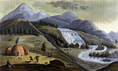 Landskap i Lappland (territorier som tilhører Norge, Sverige, Finland og Russland), boliger for urbefolkningen (samer) i "" Den gamle og moderne drakten"" av Ferrario, red. Milan av Giulio Ferrario