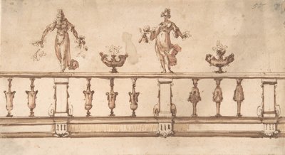 Design for en balustrade med kvinnefigurer og urner, 1500-1600-tallet. av Giulio Parigi
