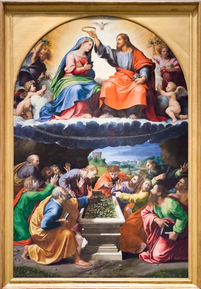 Coronation of the Virgin, eller Madonna of Monteluce, ca. 1525 (olje på tre) av Giulio & Penni Giovanni Francesco (il Fattore) (c.1488 1528) Romano