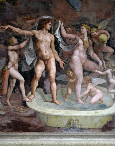 Bath of Mars and Venus, freskomaleri av Giulio Romano (1499-1546), nordveggen til Chamber of Cupid and Psyche, Palazzo Te, Mantua (UNESCOs verdensarvliste, 2008), Lombardia, Italia av Giulio Romano