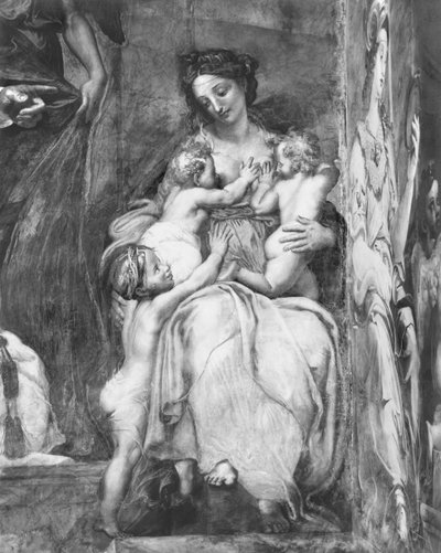Charity, en av de to dydene rundt pave St. Urban I (d.230) Raphael Rooms (detalj) (se også 252782, 252784, 252785) av Giulio Romano