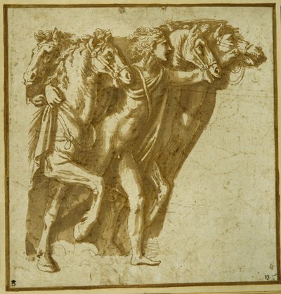Dawn: Apollo with the Horses of the Sun (penn og brunt blekk med vask på papir) av Giulio Romano