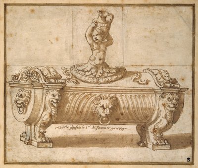 Design for en søtkjøttboks (penn og brunt blekk med vask på papir) av Giulio Romano