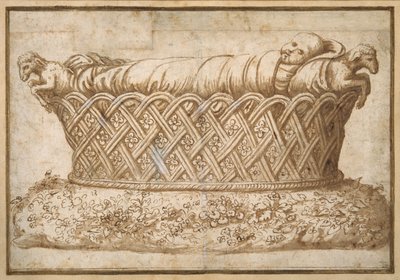 Design for et spedbarns grav (penn og brunt blekk med brun vask på papir) av Giulio Romano