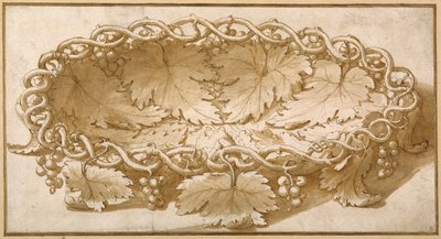 Design for en oval fruktskål, med vinranker, blader og druer (penn og brunt blekk med brun vask på papir) av Giulio Romano