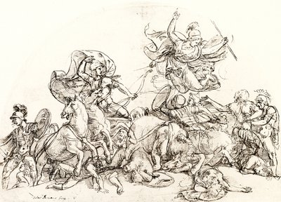 Diomedes, såret av Pandarus, blir trøstet av Pallas Athene av Giulio Romano