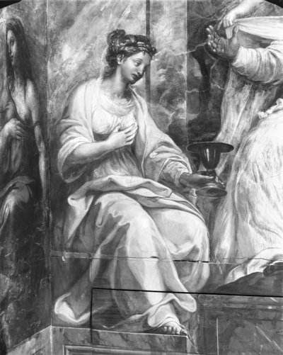 Faith, rundt en av to allegoriske skikkelser rundt pave Sylvester I (314-35) Raphael Rooms (detalj) (se også 252792 og 252794) av Giulio Romano