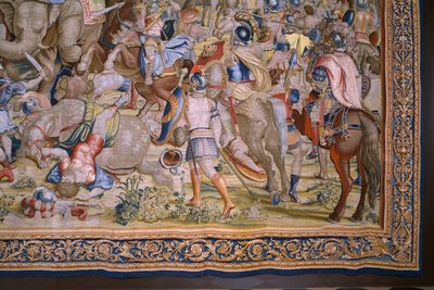 flamsk billedvev. Serien The Acts of Scipio: Slaget ved Zama. Tegneserieskaper Giulio Romano. Atelier av Balthasar van Vlierden (?), Brussel. 1523-1532. Detalj. av Giulio Romano