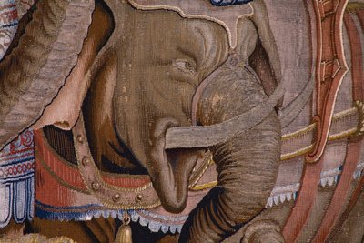 flamsk billedvev. Serien The Acts of Scipio: Slaget ved Zama. Tegneserieskaper Giulio Romano. Atelier av Balthasar van Vlierden (?), Brussel. 1523-1532. Detalj. av Giulio Romano