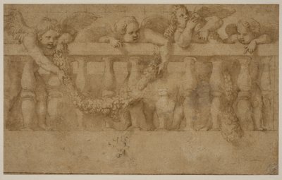 Fire vingeputter som dekorerer en balustrade med girlandere av Giulio Romano