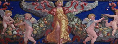 Frise fra Camera con Fregio di Amorini Chamber of the Cupid Frisedetalj av en engel i en gullkjole med spredte vinger, freske fra 1520-tallet av Giulio Romano