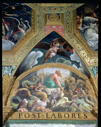 Lunette som skildrer Psyche som gjennomfører en prøvelse satt av Venus med å hente fra underverdenen en krukke som inneholder skjønnheten til Proserpine, fra Sala di Amore e Psiche, 1528 freskodetalj av 78427 av Giulio Romano