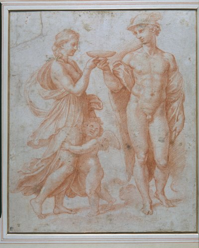 Mercury tilbyr Cup of Immortality til Psyche (rødt kritt på hvitt papir) av Giulio Romano