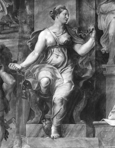 Moderasjon, en av de to dydene rundt pave Clement I (1-97) Raphael Rooms (detalj) (se også 252786, 252788, 252789) av Giulio Romano
