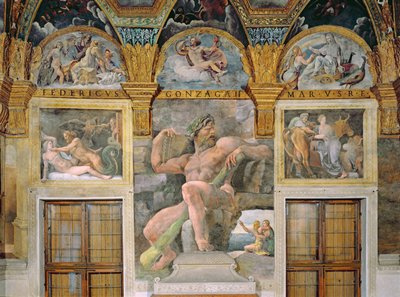 Olympia forført av Jupiter, Polyphemus som vokter Acis og Galatea, Pasiphae kommer inn i kua konstruert av Daedalus, fra Sala di Amore e Psiche av Giulio Romano