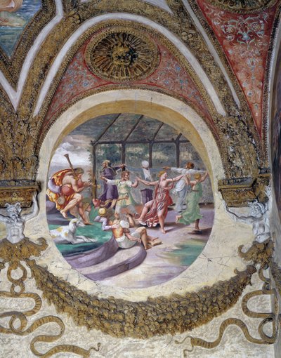 En av fresker fra Chamber of Winds eller Zodiac av Giulio Romano