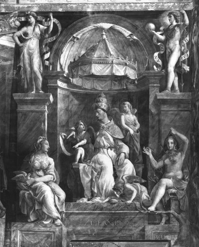 Pave Leo I den store (ca. 390-461) mellom to dyder, Raphael Rooms (se også 252780 og 252781) av Giulio Romano