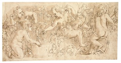 Putti plukker druer: Design for en frise av Giulio Romano