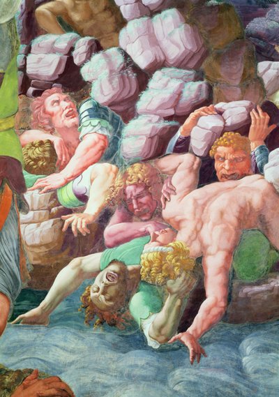 Sala dei Giganti, detalj om ødeleggelsen av kjempene av Jupiters tordenbolter, 1536 freskomaleri av 78482 av Giulio Romano