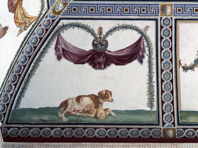 Camera con Fregio di Amorini Chamber of the Cupid Frieze detalj av en hund og en valp, freske fra 1520-tallet av Giulio Romano