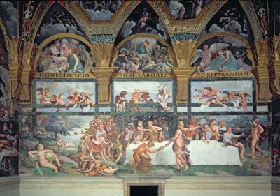 Den rustikke banketten feirer ekteskapet til Amor og Psyche, med de tre lunettene ovenfor som viser en av Psyches prøvelser for å bringe tilbake fra underverdenen en krukke som inneholder skjønnheten til Proser av Giulio Romano