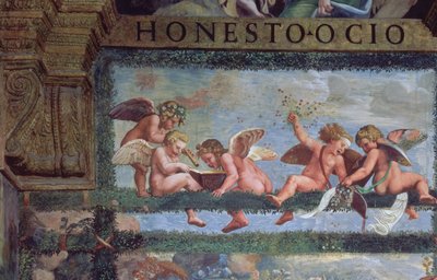 Den rustikke banketten, detalj av putti som lager musikk, fra Sala di Amore e Psiche, 1528 freskodetalj fra 78428 av Giulio Romano