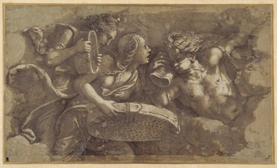 Vestal Tuccia med sil (penn og brunt blekk med brun vask på papir) av Giulio Romano