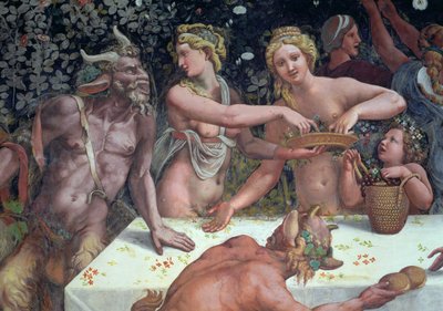 To Horae-spredende blomster, overvåket av to satyrer, detalj av den rustikke banketten som feirer ekteskapet til Amor og Psyche fra Sala di Amore e Psiche, 1528 freskodetalj av 78427 av Giulio Romano