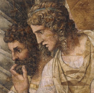 To menn, bystelengde, ser ned: en tegneserie for et billedvev, av Giulio Romano