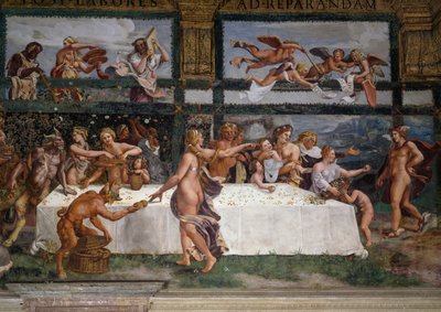 Bryllupsfest eller gudenes bankett, freskomaleri av Giulio Romano (1499-1546), vestveggen til Chamber of Cupid and Psyche, Palazzo Te, Mantua (UNESCOs verdensarvliste, 2008), Lombardia, Italia av Giulio Romano