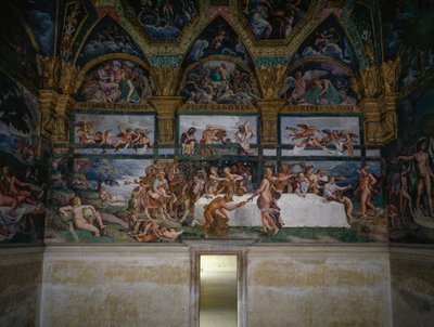 Bryllupsfest eller gudenes bankett, freskomaleri av Giulio Romano (1499-1546), vestveggen til Chamber of Cupid and Psyche, Palazzo Te, Mantua (UNESCOs verdensarvliste, 2008), Lombardia, Italia av Giulio Romano