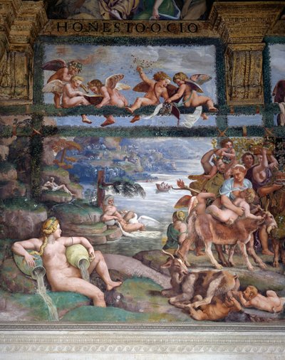 Bryllupsfest eller gudenes bankett, freskomaleri av Giulio Romano (1499-1546), vestveggen til Chamber of Cupid and Psyche, Palazzo Te, Mantua (UNESCOs verdensarvliste, 2008), Lombardia, Italia av Giulio Romano