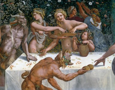 Bryllupsfest eller gudenes bankett, freskomaleri av Giulio Romano (1499-1546), vestveggen til Chamber of Cupid and Psyche, Palazzo Te, Mantua (UNESCOs verdensarvliste, 2008), Lombardia, Italia av Giulio Romano