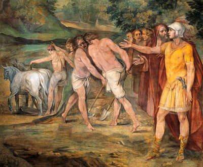 Romulus som markerer Romas grenser, av Giuseppe Cesari (1568-1640), freskomaleri, Hall of Horatii og Curiatii, Conservatories Palace, Roma, Romerriket, Italia av Giuseppe Cesari